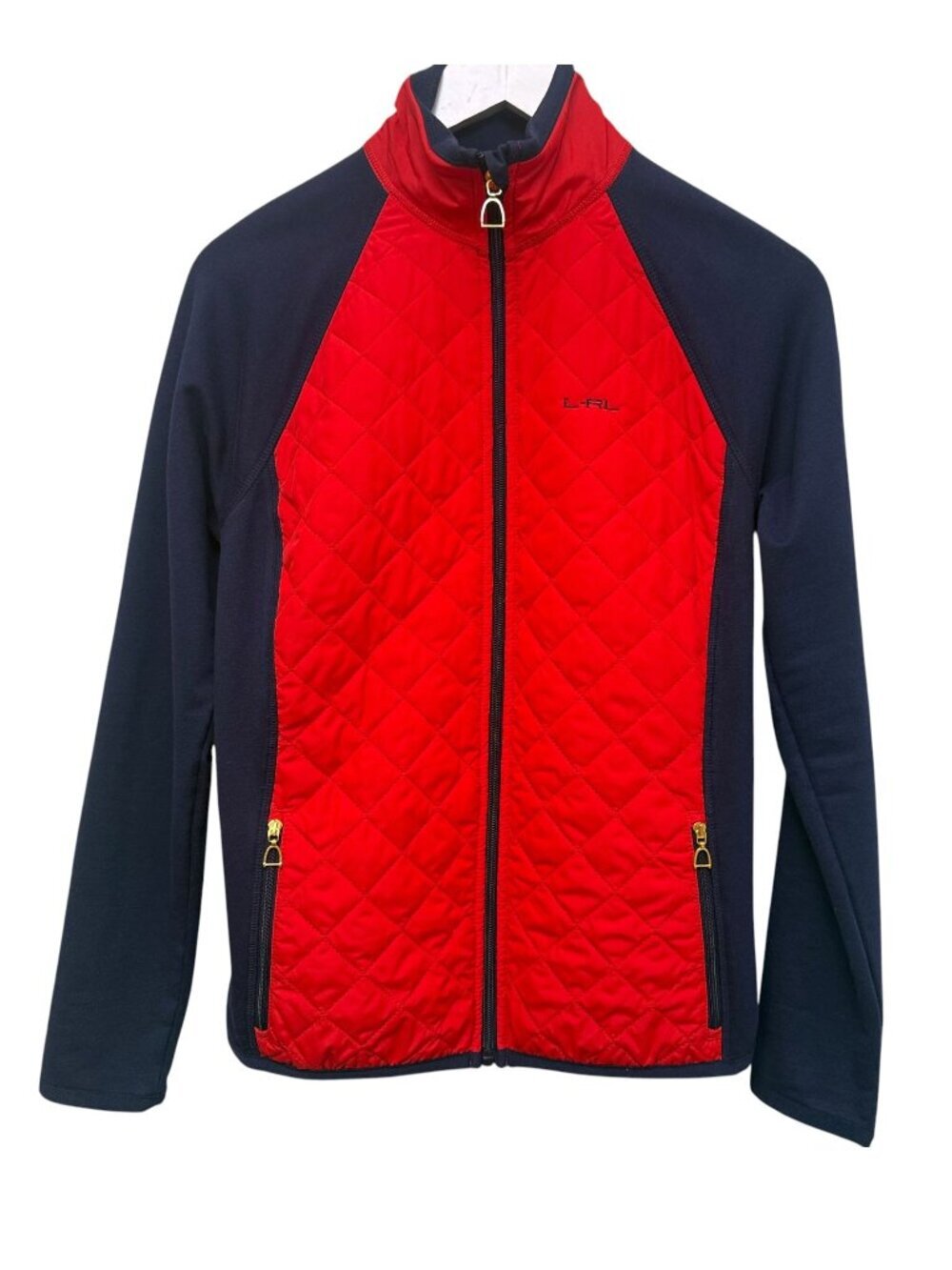 LAUREN RALPH LAUREN Quilted Equestrian Jacket Red Navy Stretch Zip M/L Preppy